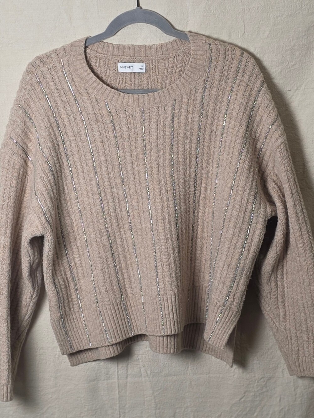 Nine West Beige Crewneck Sweater with Silver Metallic Stripes